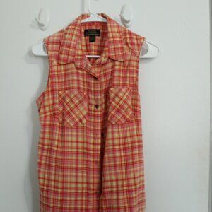 Western style orange yellow and pink sleeveless button up blouse